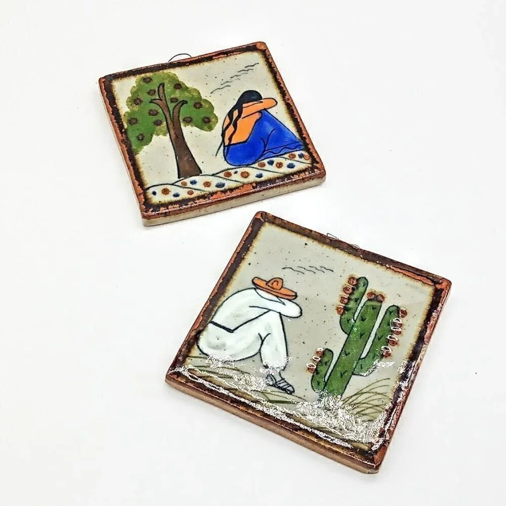 Mexican Ceramic Square Coasters Hanging Wall Folk Art